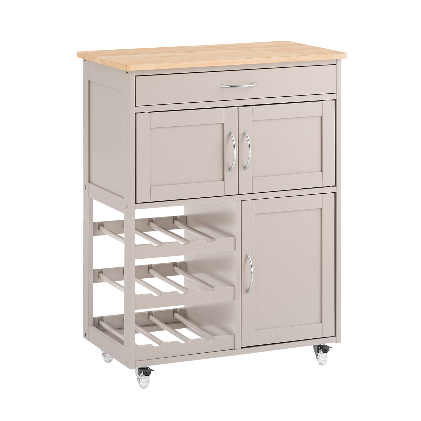 Image of SoBuy Carrello portaoggetti da Cucina Crossoenza con 1 cassetto, 2 armadietti e 2 portabottiglie, Piano in legno di Hevea, Colore Cachi, 67x38x87cm FKW45-KA
