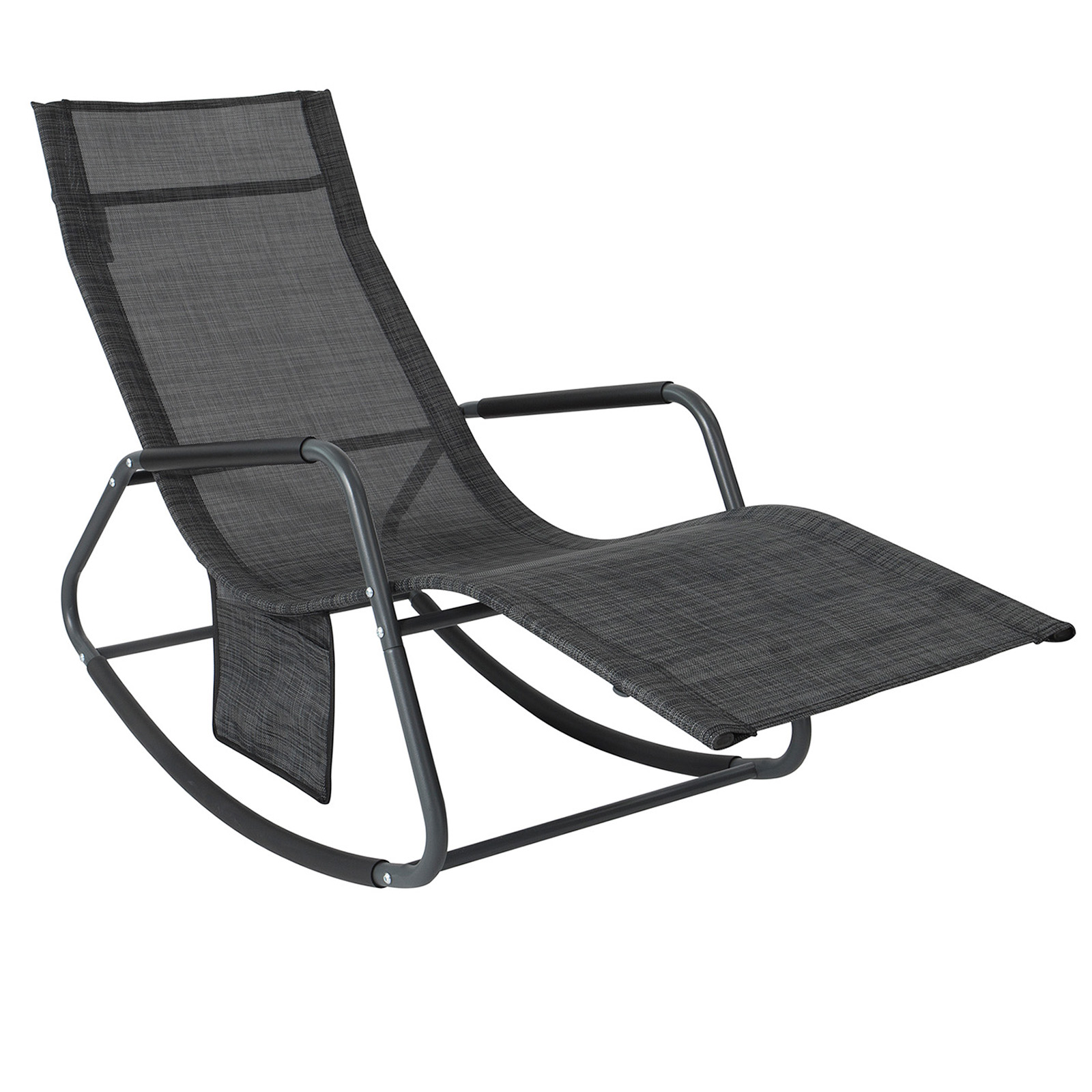 Image of SoBuy Dondolo da Giardino Sedia a Dondolo da Esterno Lettino Prendisole con Tasca Laterale Poltrona da Giardino Sdraio per Patio Balcone Campeggio Spiaggia Nero/Grigio 143x57x85 cm OGS47-MS